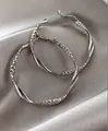 Elegant silver-tone twisted hoop earrings with diamond-cut texture on satin background - Twisted Geometric Style (100#) / Silver