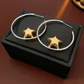Minimalist silver needle hoop earrings with gold star charm, elegant two-tone design - Pentagram Pendant with 925 Sterling Silver Earring Post (129#) / Gold and Silver Two-tone