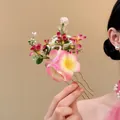 Detailed close-up of a sweet fabric flower hair fork with pink and yellow floral accents - Flower Hair Stick / 1 Piece / Pink