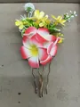 Elegant fabric flower hair fork with pink frangipani and yellow blossoms - Flower Hair Stick / 1 Piece / Red