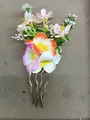 Elegant handmade floral hair fork featuring colorful plumeria and golden wavy metal teeth. - Flower Hair Stick / 1 Piece / Mixed Color