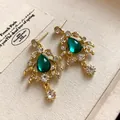 Vintage gold leaf earrings with emerald green waterdrop pendants and rhinestones - Silver Earring Post Earrings / Gold-Green