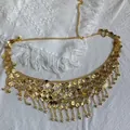 Detailed view of a golden ethnic coin waist chain belt with intricate tassel fringe - Gold