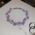 Elegant silver-tone bracelet featuring pink oval zircon stones with halo details - 69# Bracelet - Pink