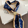 Vintage navy blue paisley print silk scarf necklace with gold circular pendant - Blue Paisley