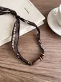 Retro fabric printed scarf necklace with wooden beads for women's elegant accessory - Brown-Wooden Beads