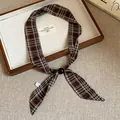 Elegant vintage brown and blue plaid fabric scarf necklace with bead accent for women - Coffee Grid Blue