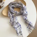 Retro blue and white plaid fabric scarf necklace accessory for women minimalist style - Blue-Grey