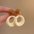 Retro bohemian geometric hoop earrings with brown studs and beige resin pendants - 23# Silver Earring Post-White (Brown Ball White Hoop)