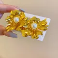 Handgefertigte goldene Blumenohrringe im französischen Stil mit Süßwasserperlen - 58# Silbernadel - Feuerwerk Perle