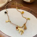 Elegante gevlochten koordketting met gouden paardenhanger en meerkleurige kralenaccenten - Kwastje Gevlochten Touw Goud Paard Stijl (35#)