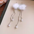 Detailed view of elegant white fur pom-pom earrings with silver beaded tassel and pearls - 38# Silver Needle Style / Silver