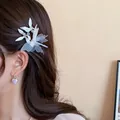 Detailed shot of white floral hair clip and heart earring on model - 4# Duckbill Clip - Satin Flower / Silver-White