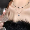 Collier double couche en argent élégant avec un délicat pendentif fleur noire pour femme. - 16# Collier - Style Superposé Camélia en Gemme Noire