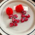 Vibrant red heart-shaped pom-pom earrings with dangling fabric rose accents for women - 41# Silver Post Style / Red