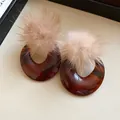 Elegant tortoiseshell hoop earrings with beige fur pom-poms for autumn winter style - 42# Silver Post Style / Brown