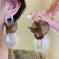 Elegant faux fur pom-pom drop earrings with brown fabric flower petals and rhinestones - Style 43 (Silver Post) / Gold/Brown
