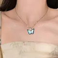 Collier papillon argenté minimaliste avec pendentif bleu irisé sur chaîne fine - 32# Collier - Style Papillon Bleu Vert Fantôme
