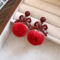Elegant red bow-knot earrings with soft plush fur balls, perfect for a stylish look. - 49# Silver Post Style / Red