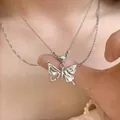 Élégant collier papillon en argent avec pierres d'opale irisées pour femmes - 48# Collier - Chaîne de Clavicule Papillon Fantôme Double Couche