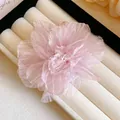Elegant pink organza fabric flower hair clip with delicate pearl center for women - 82# Duckbill Clip - Gauze Flower