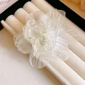 Elegant cream white chiffon fabric flower hair clip with delicate pearl center detail - 84# Duckbill Clip - Gauze Flower