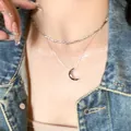 Élégant collier argenté multicouche avec un pendentif en forme de croissant de lune - 57# Collier - Style Lune d'Argent Cassé Double Couche