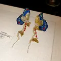 Elegant embroidered butterfly tassel earrings with rhinestones in ethnic style for women. - Tassel Butterfly Embroidery Style (Silver Post-Red) / Gold