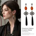Boucles d'oreilles pendantes style chinois avec perles oranges et gouttes noires - Style Tige Argentée No. 1 (HE19468) / Argent-Rouge-Noir