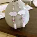 Elegant New Chinese style fan earrings with pink beads and teardrop charms for qipao outfits. - Ancient Shell Pearl Long Pendant (Ear Hook)