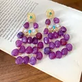 Vintage gold-tone drop earrings with elegant purple resin beads and pearl accents - Purple Tassel Style / Silver Needle / Gold And Purple