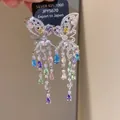 Elegant butterfly dangling earrings with colorful zircon crystals and long tassels. - Silver-Multicolor (5#)
