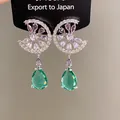 Detailed view of silver stud earrings with pink zircons and green water drop gems - Silver-Pink (29#)