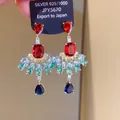 Detailed view of luxury silver needle earrings with colorful teardrop zirconia tassels - Silver-Multicolor (32#)