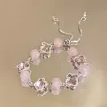 Elegante bracciale con perle di cristallo rosa e ciondoli a quadrifoglio in argento da donna - Stile Fibbia a Scorrimento Quadrifoglio in Cristallo Rosa (Bracciale 112#) / Argento-Rosa