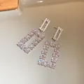 Elegant geometric silver-tone drop earrings with dazzling clear crystals for women - Silver Square Hollow