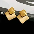 Vintage gold geometric stud earrings with brushed and polished metal finish - Gold Rhombus