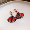 Vintage fan-shaped maple leaf enamel stud earrings with elegant retro style for women - Silver Needle Style (67#)