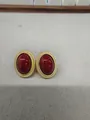 Elegant vintage oval stud earrings with deep red cabochon and gold rope borders - Earrings / Gold-Red