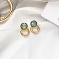 Vintage style emerald green round stone stud earrings with tiered golden metal hoop design - 17# Silver Pin-Green