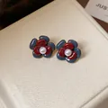 Retro-Harz-Ohrstecker im Kamelien-Stil mit Perlenzentrum - Kamelienform Stil (53#) / Silbernadel / Blau-Rot Doppelschicht