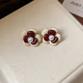 Elegante Vintage-Ohrstecker aus Harz im Maillard-Stil mit einer weißen Perle in der Mitte - 52# Silberne Nadel - Weiß - Rot (doppellagig)