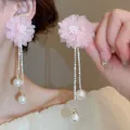 Elegant pink fabric flower tassel earrings decorated with pearls and rhinestones. - 25# Silver Needle - Pink Floral Mesh