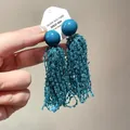 Vintage style teal blue beaded tassel drop earrings with matching sphere stud tops - Silver Earring Post Style / Green