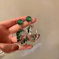 Elegant vintage green crystal drop earrings with gold-plated irregular resin stone detail - Silver Earring Post Style / Green