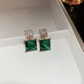Elegant luxury vintage square emerald crystal drop earrings with micro pave diamonds - Silver Earring Post Style / Green