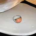 Anillo geométrico ajustable de estilo vintage plateado con cabujón ovalado melocotón - Plateado (26#)