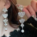 Elegant long silver-toned tassel earrings with glittering rhinestones and white pearls - 15# Silver Needle - Silver Diamond-studded Tassel