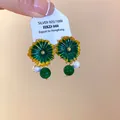 Elegant vintage Hong Kong style green enamel flower drop earrings with 925 silver tag - Silver Earring Post Style / Gold Green White Combination