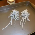 Elegant white cascading pearl and crystal tassel earrings in a chic French niche style. - 24# Silver Needle - White Crystal Pearl